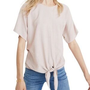 Madewell Tie Front Button Back Short Sleeve Top Blouse Beige Linen Blend Womens
